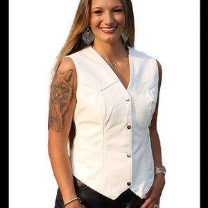 Jamin Genuine Leather Long Body White Biker Vest with Button Closure